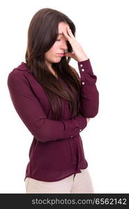 Young woman with a strong headache, isolated over white background