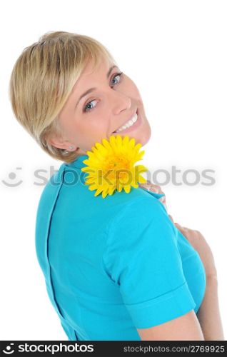 young woman with a yellow flower. Isolated on white background