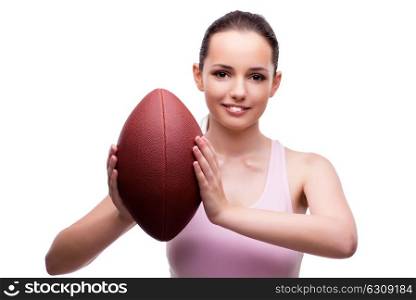 Young woman with american football isolated on white