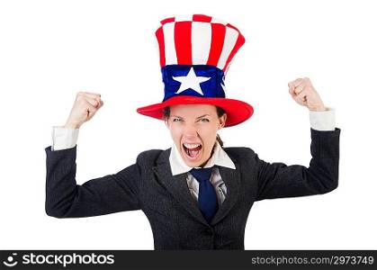 Young woman with american symbols on white