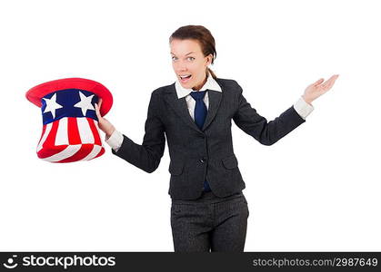 Young woman with american symbols on white