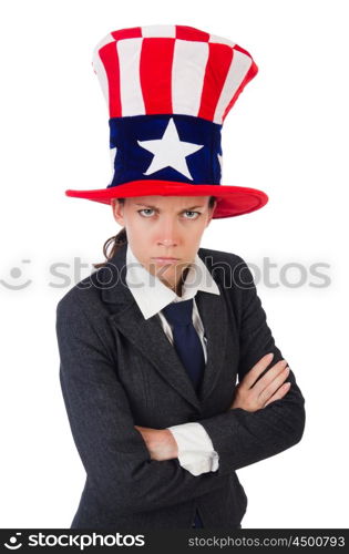 Young woman with american symbols on white