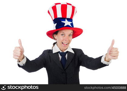 Young woman with american symbols on white