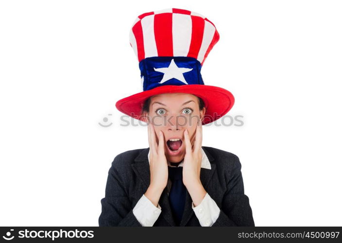 Young woman with american symbols on white