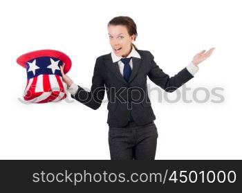 Young woman with american symbols on white