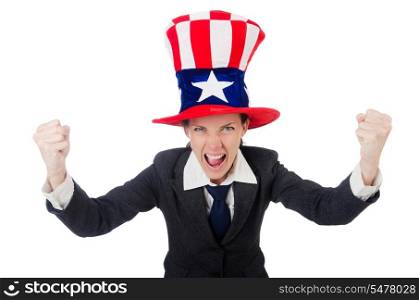 Young woman with american symbols on white