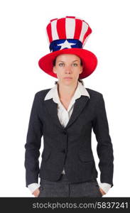 Young woman with american symbols on white