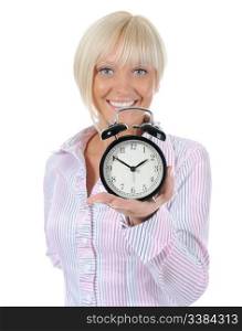 Young woman with an alarm clock in a hand. Isolated on white background