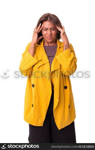Young woman with an headache, isolated over a white background