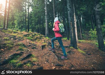 Young woman with backpack is walking in green forest at sunset in spring. Slim girl in red jacket is hiking in sunny evening. Beautiful scene with tourist, trees, green grass. Travel and tourism