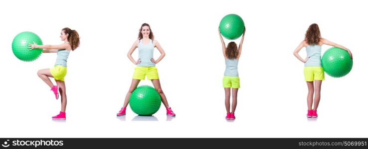 Young woman with ball exercising on white