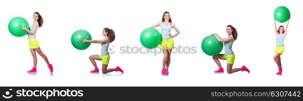 Young woman with ball exercising on white