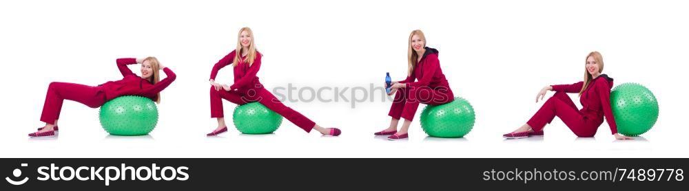 Young woman with ball exercising on whitee. Young woman with ball exercising on white