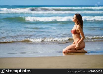 Young woman with beautiful body on her knees on the sand of the beach. Woman with beautiful body on her knees on the sand of the beach