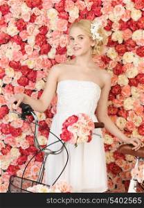 young woman with bicycle and background full of roses