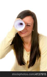 young woman with binoculars looking for the future. against a white background