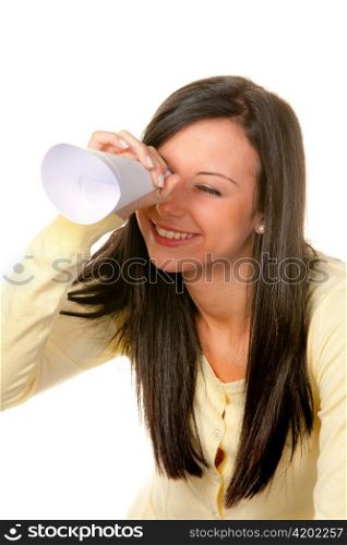 young woman with binoculars looking for the future. against a white background