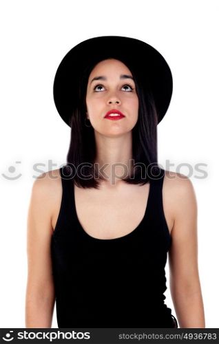 Young woman with black hat and clothes isolated on a white background