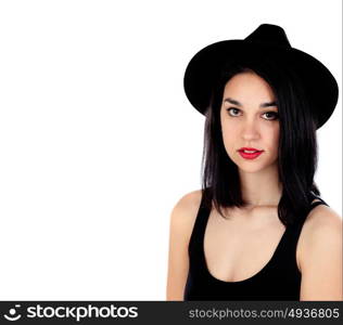 Young woman with black hat and clothes isolated on a white background