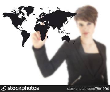 Young woman with black world map isolated on white background