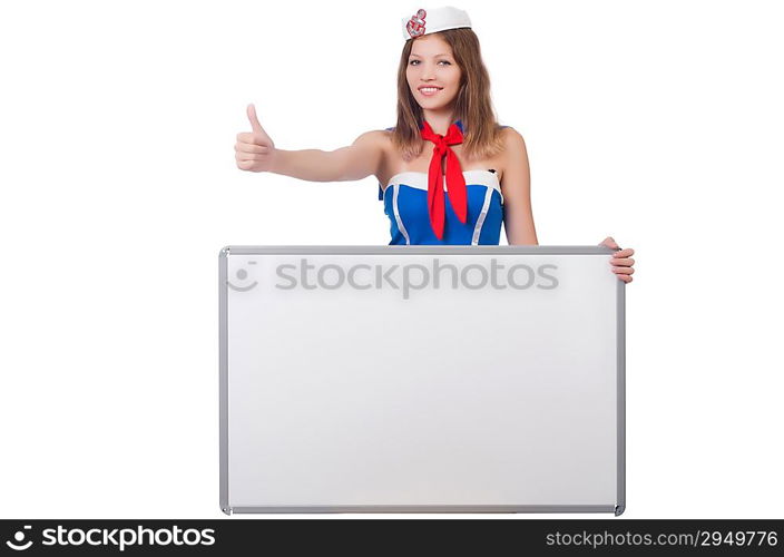 Young woman with blank board on white