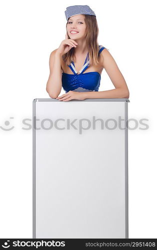 Young woman with blank board on white