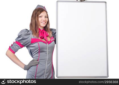 Young woman with blank board on white