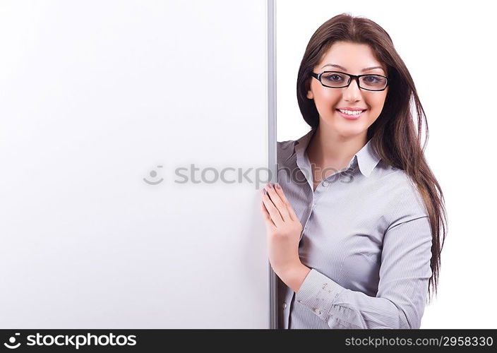 Young woman with blank board on white