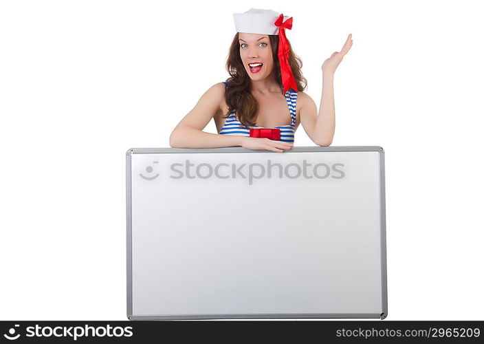 Young woman with blank board on white