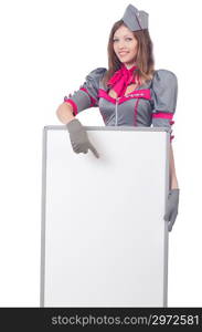 Young woman with blank board on white