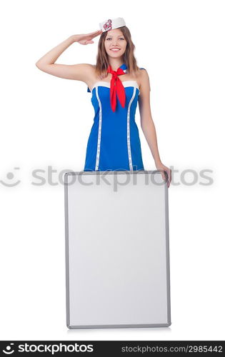 Young woman with blank board on white