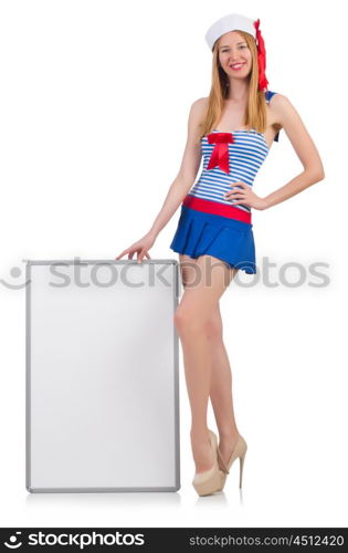 Young woman with blank board on white