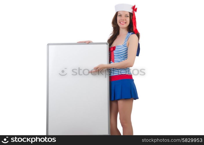 Young woman with blank board on white