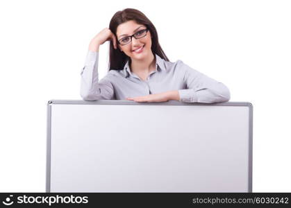 Young woman with blank board on white