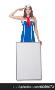 Young woman with blank board on white