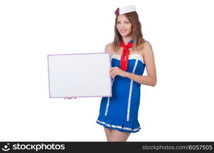 Young woman with blank board on white