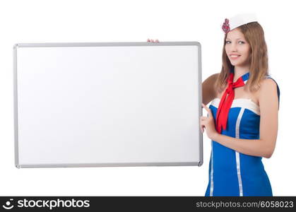 Young woman with blank board on white