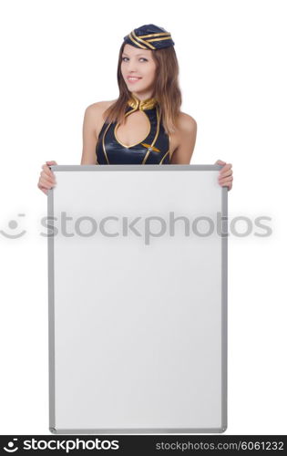 Young woman with blank board on white