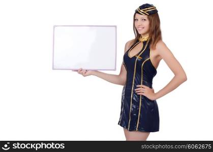 Young woman with blank board on white