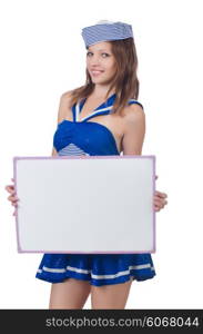 Young woman with blank board on white