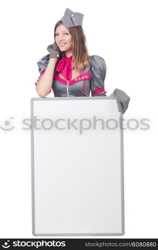 Young woman with blank board on white