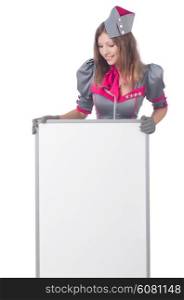 Young woman with blank board on white