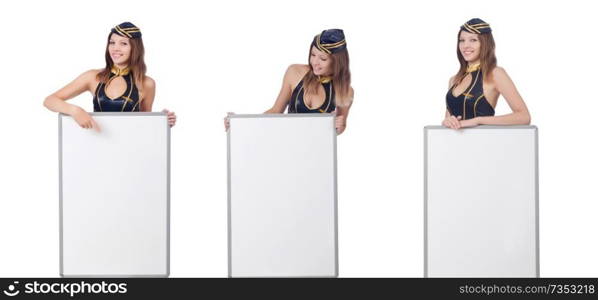 Young woman with blank board on white