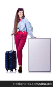 Young woman with blank message and suitcase
