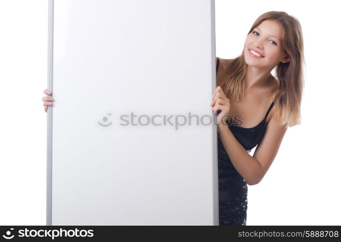 Young woman with blank poster