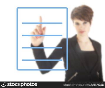 Young woman with blue checklist isolated on white background