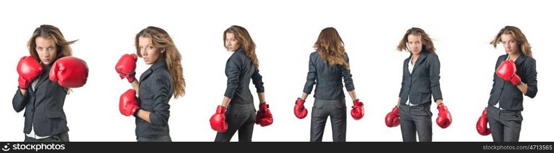 Young woman with boxing gloves isolated on white