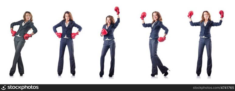 Young woman with boxing gloves isolated on white