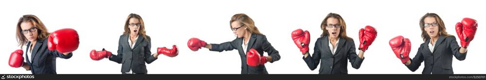 Young woman with boxing gloves isolated on white