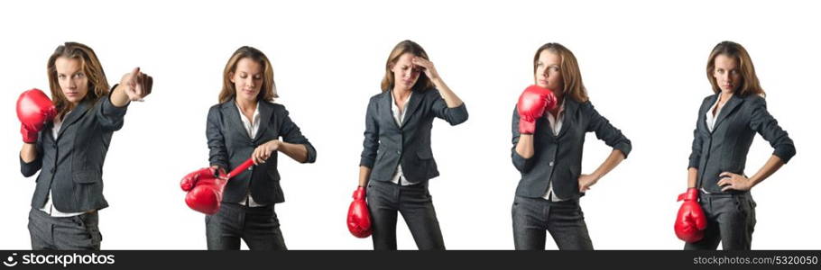 Young woman with boxing gloves isolated on white